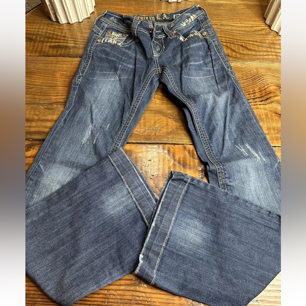 Grace In L.A Women’s 24x32 Cotton Bell Bottom Embroidered Distressed Jeans